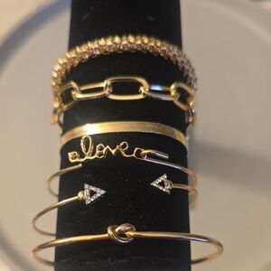 6 Gold Tone Fashion Layered Bracelet Set - Love Script & Knot Accents New